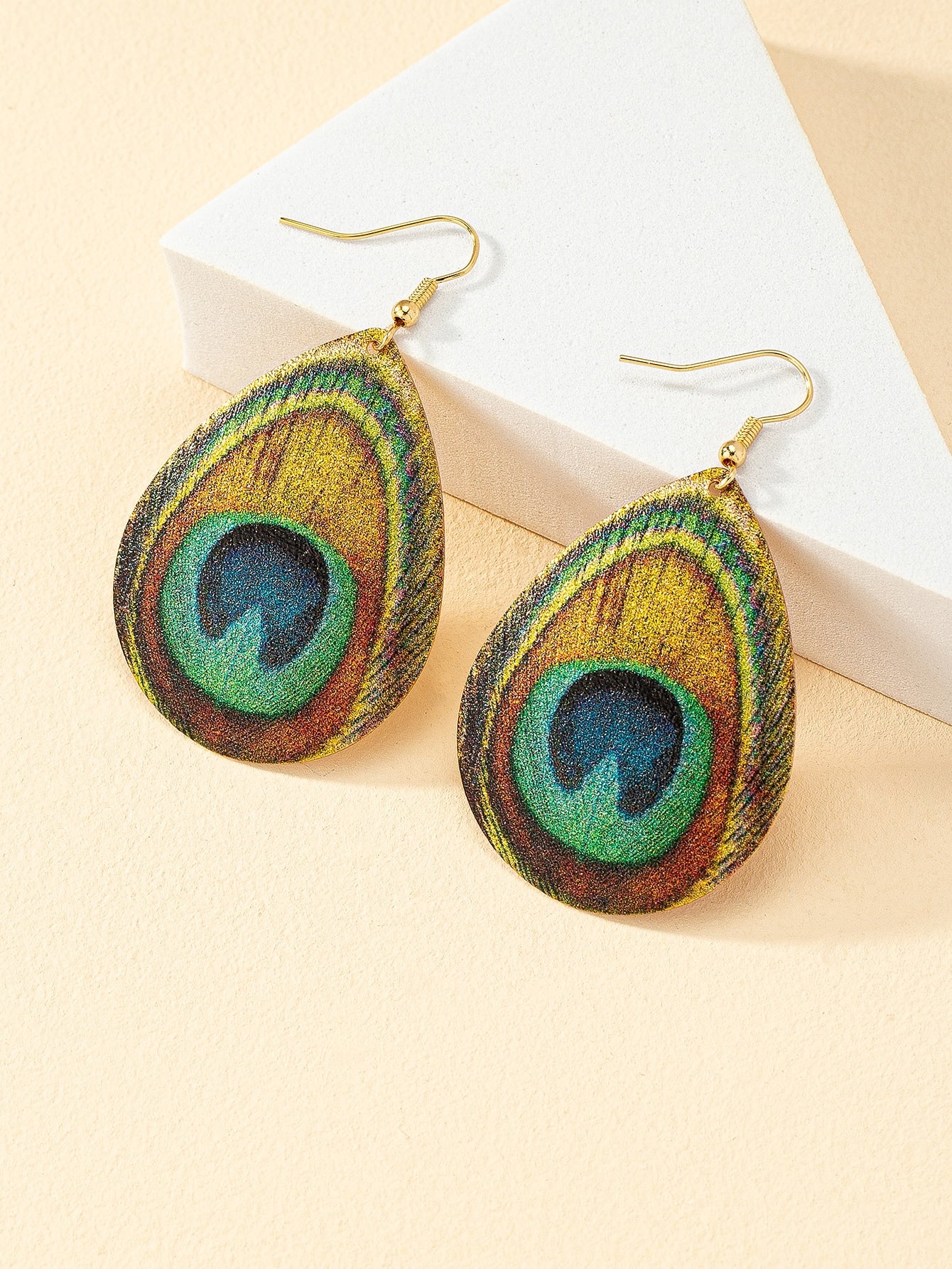 Peacock Feather Pattern Round Drop Earrings - Seen Mai