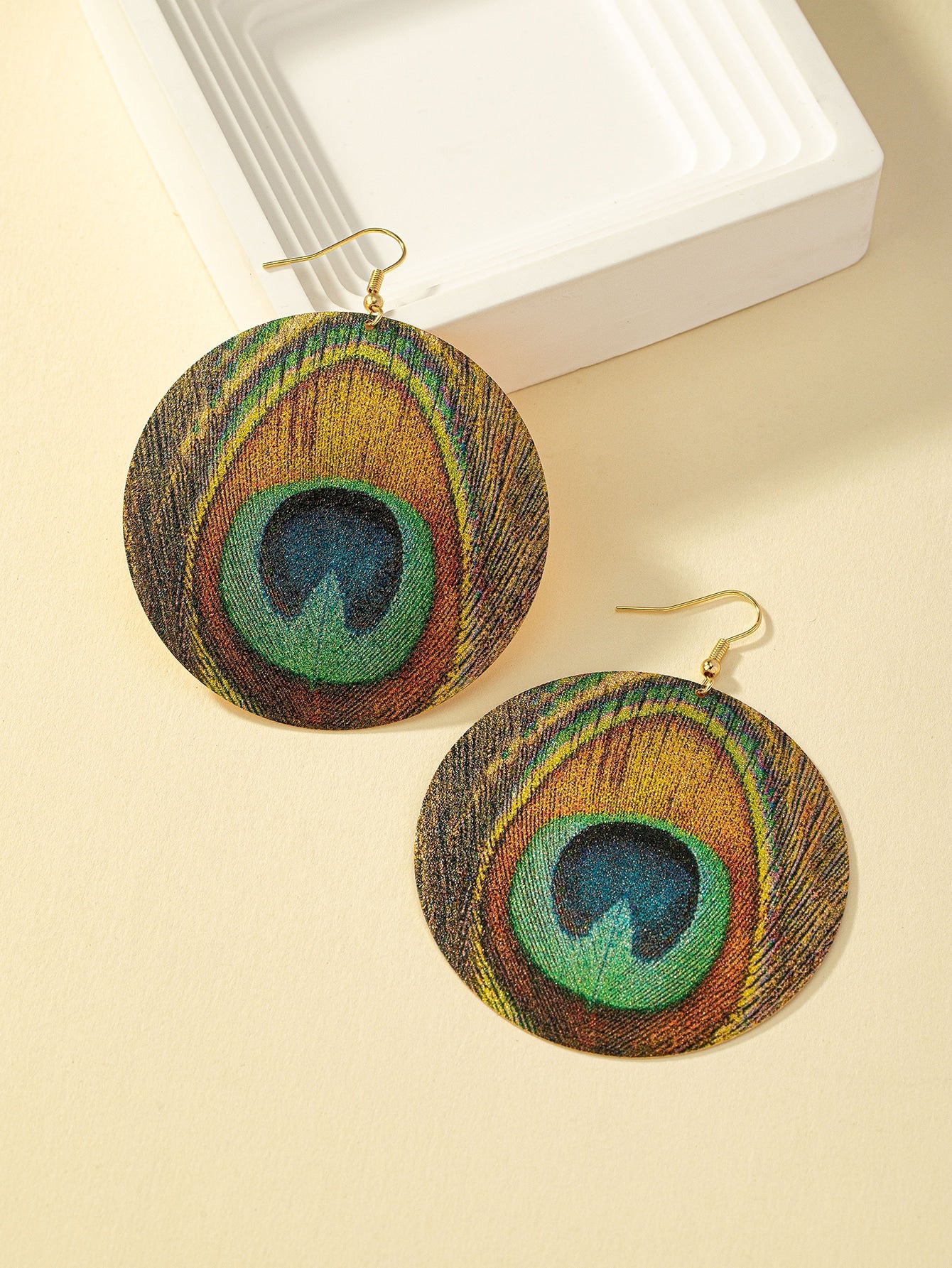 Peacock Feather Pattern Round Drop Earrings - Seen Mai