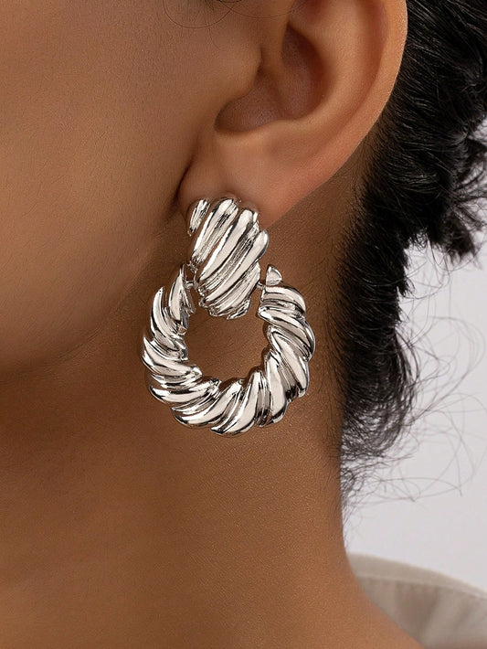 1pair Fashion Zinc Alloy Textured Circle Drop Earrings For Women For Daily Decoration - Seen Mai