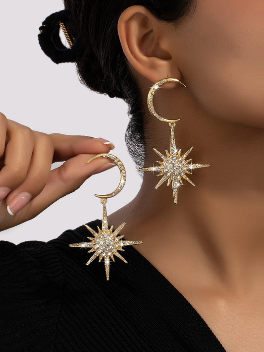 1pair Metallic Star & Moon Design Earrings With Rhinestone Decor - Seen Mai