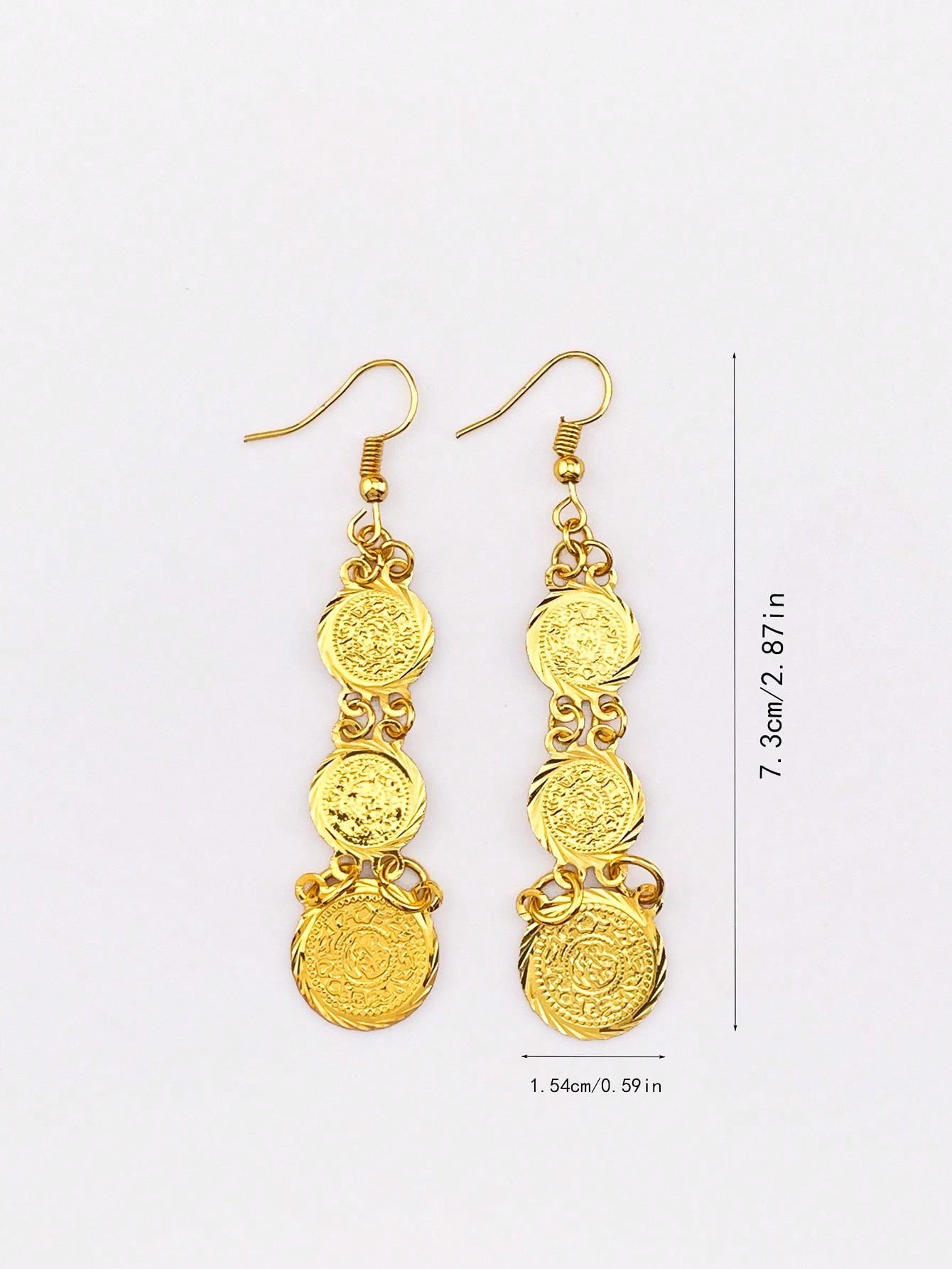 1 Pair Of Copper Plated Gold Coin Earrings Round Tassel Drop Earrings Texture Decoration Suitable For Ladies Everyday Wear - Seen Mai