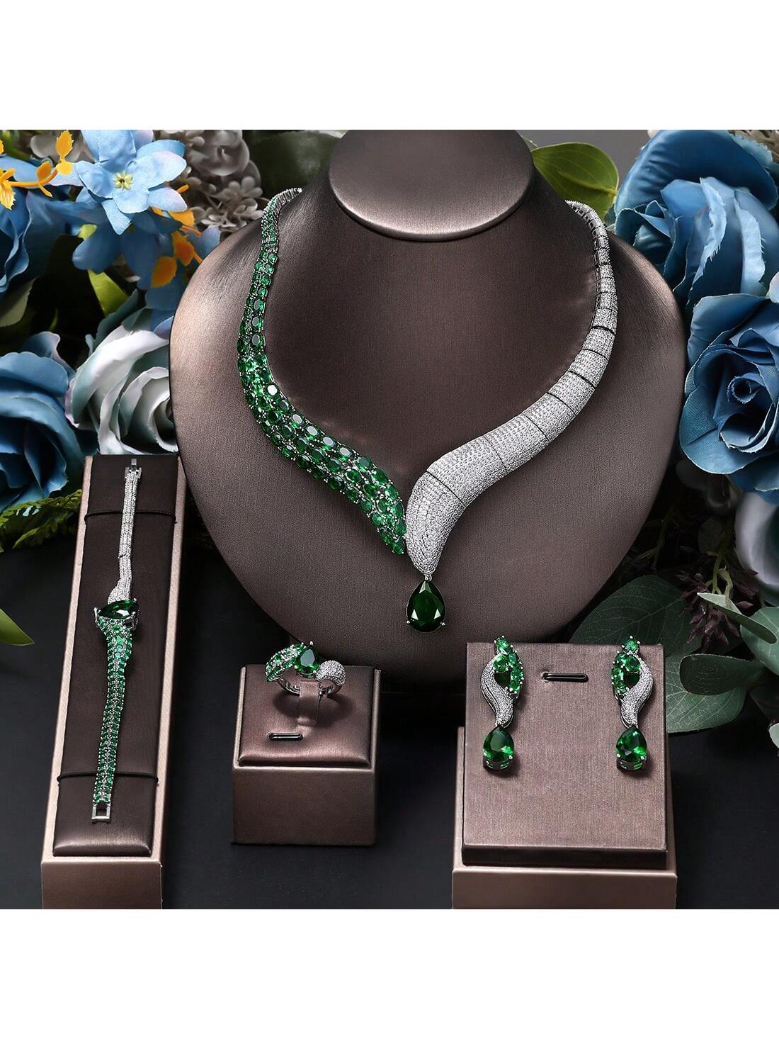 High end luxury Dark Green CZ  gold plated snake Earring Necklace Set Saudi Arabia female Bride Wedding Jewelry Set - Seen Mai