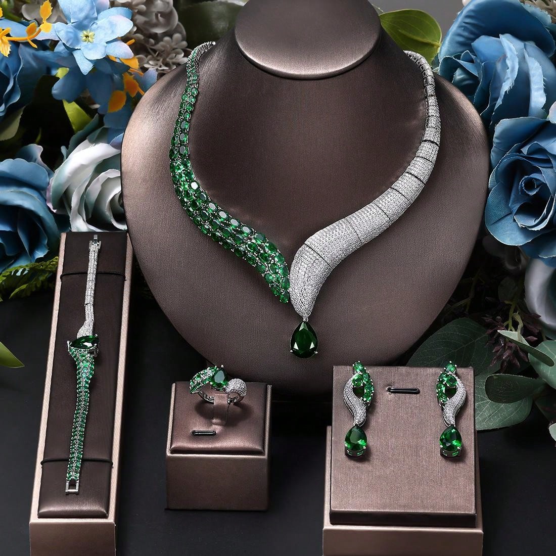 High end luxury Dark Green CZ  gold plated snake Earring Necklace Set Saudi Arabia female Bride Wedding Jewelry Set - Seen Mai