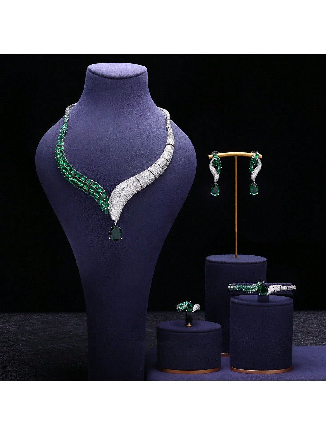 High end luxury Dark Green CZ  gold plated snake Earring Necklace Set Saudi Arabia female Bride Wedding Jewelry Set - Seen Mai