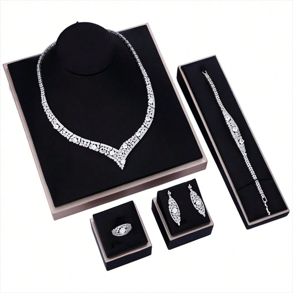 Luxury Zirconia Jewelry Water Drop 4pcs Bridal Nigerian Necklace Earring Wedding Jewelry Set For Women Bridal - Seen Mai