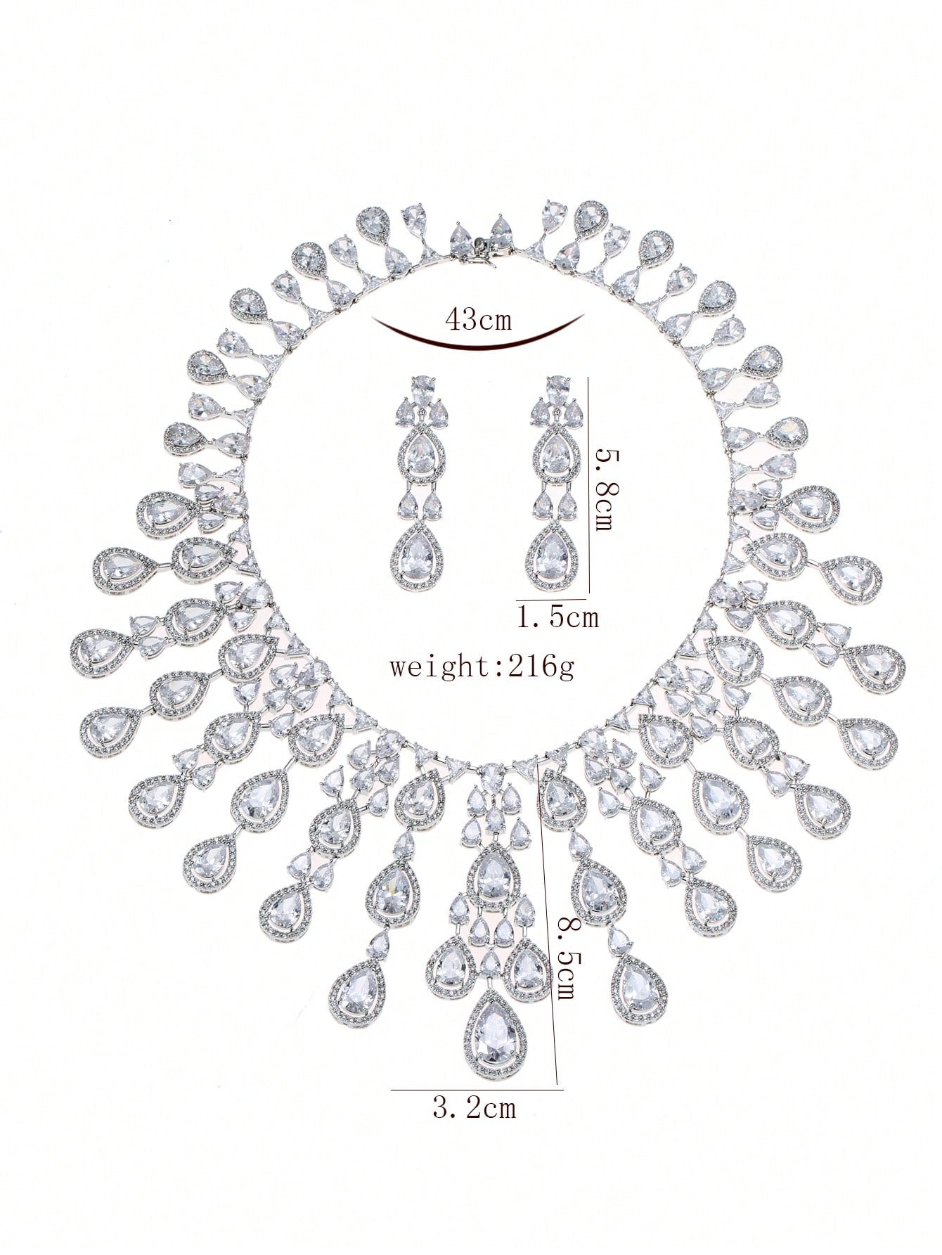 1set/3pieces European-American Luxurious Exaggerated Cubic Zirconia Necklace And Earrings Set With Teardrop-Shape Decoration For Wedding