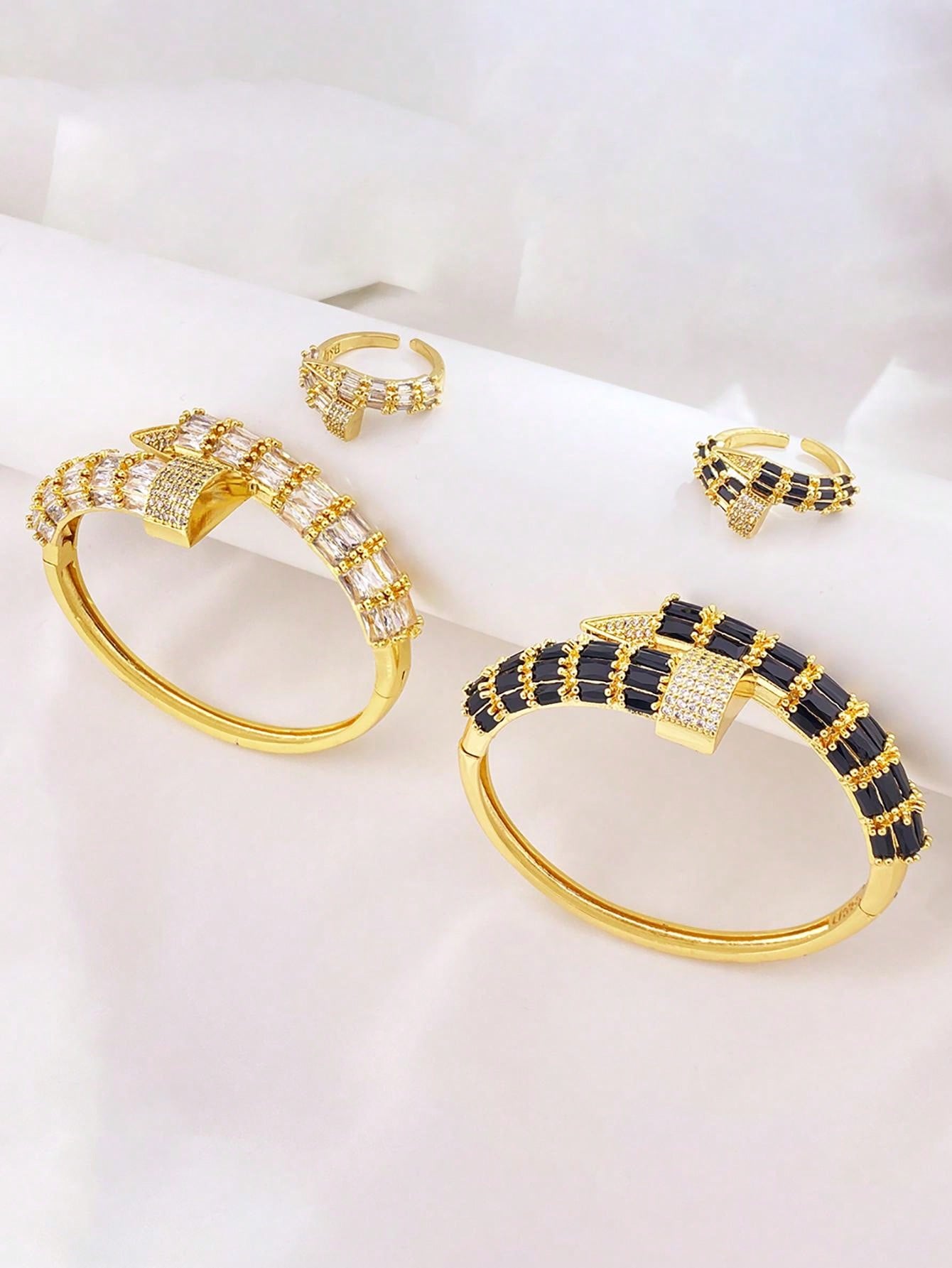 2pcs/Set Fashion Serpentine Design Jewelry Set Brass Bracelet And Ring Set Cubic Zirconia Decoration Can Be Opened Suitable For Women To Wear Everyday Holiday Gifts - Seen Mai