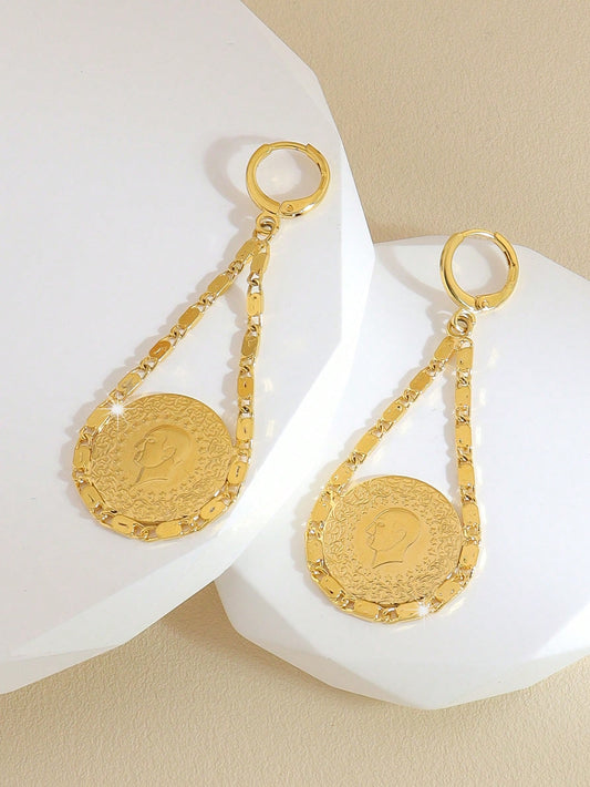 1Pair Of Simple Gold Coin Head Earrings Round Pendant Earrings Copper Jewelry Suitable For Women's Daily Wear