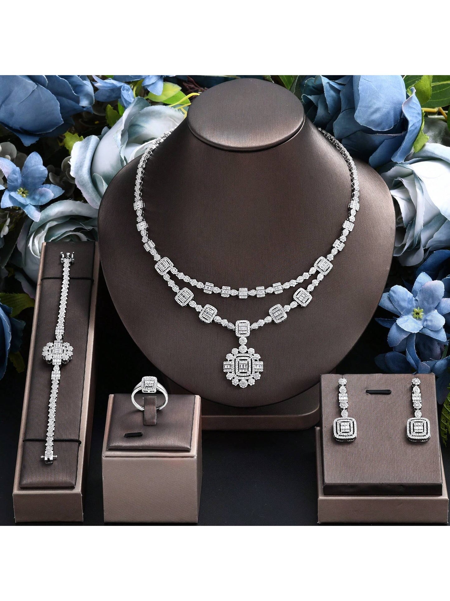 Luxury White Color 4 Pcs Set CZ Jewelry Sets For Women Wedding Necklace Earring Ring Bracelet Jewelry Accessories - Seen Mai