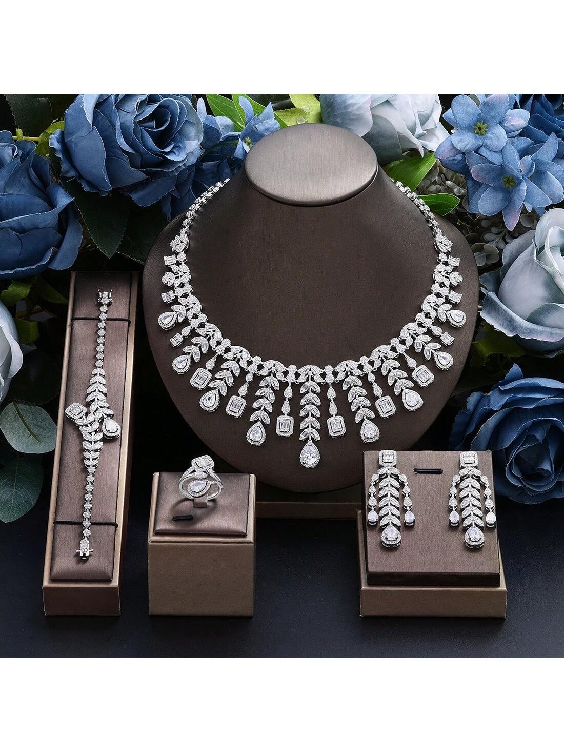 Luxury Women Jewelry Bridal CZ Necklace Earrings Bracelet Ring Jewelry Sets Wedding Jewelry Sets For Bride - Seen Mai