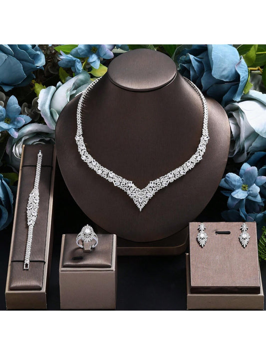 2024 Dubai Jewelry Sets Nigerian Wedding Necklace Earring 4pcs Set Women Bridal Accessories - Seen Mai