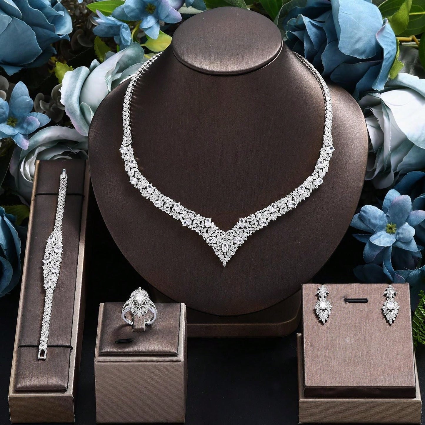 2024 Dubai Jewelry Sets Nigerian Wedding Necklace Earring 4pcs Set Women Bridal Accessories - Seen Mai