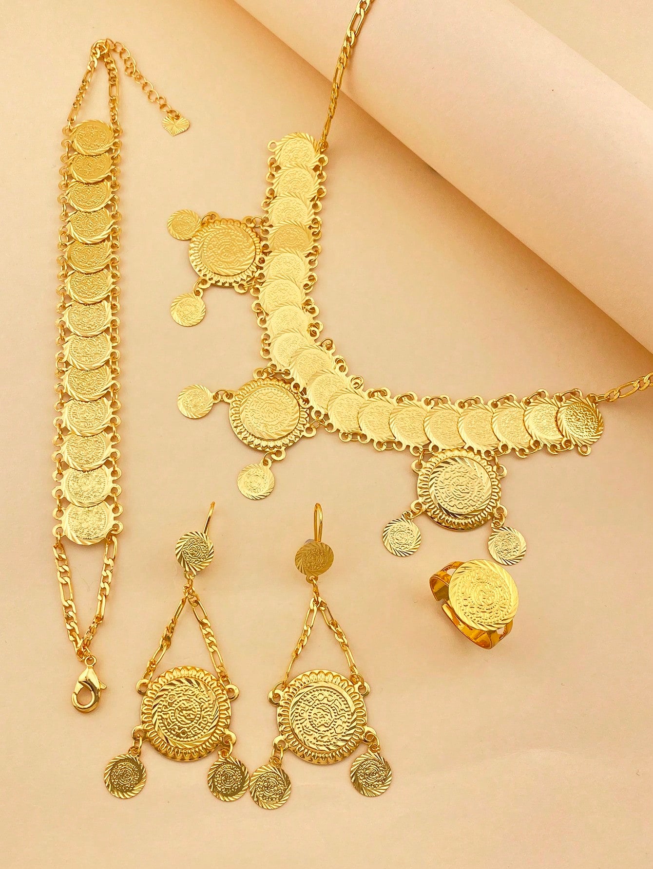 5pc/Set Vintage Textured Gold Coin Jewelry Set Copper Jewelry Set Suitable For Girl Women Holiday Gift Partiesomen Holiday Gift Parties - Seen Mai