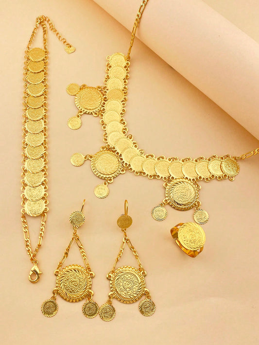 5pc/Set Vintage Textured Gold Coin Jewelry Set Copper Jewelry Set Suitable For Girl Women Holiday Gift Partiesomen Holiday Gift Parties - Seen Mai