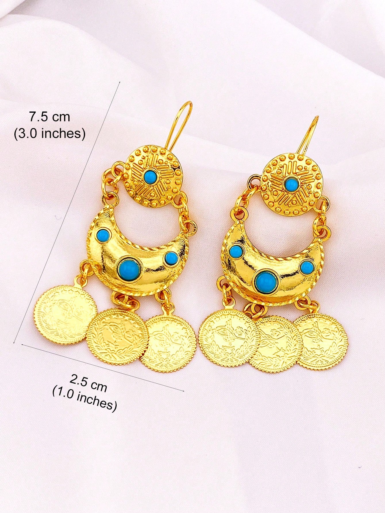 1pair Vintage Coin Gold Earrings Crescent Moon Pendant Tassel Perfect For Women's Banquets - Seen Mai