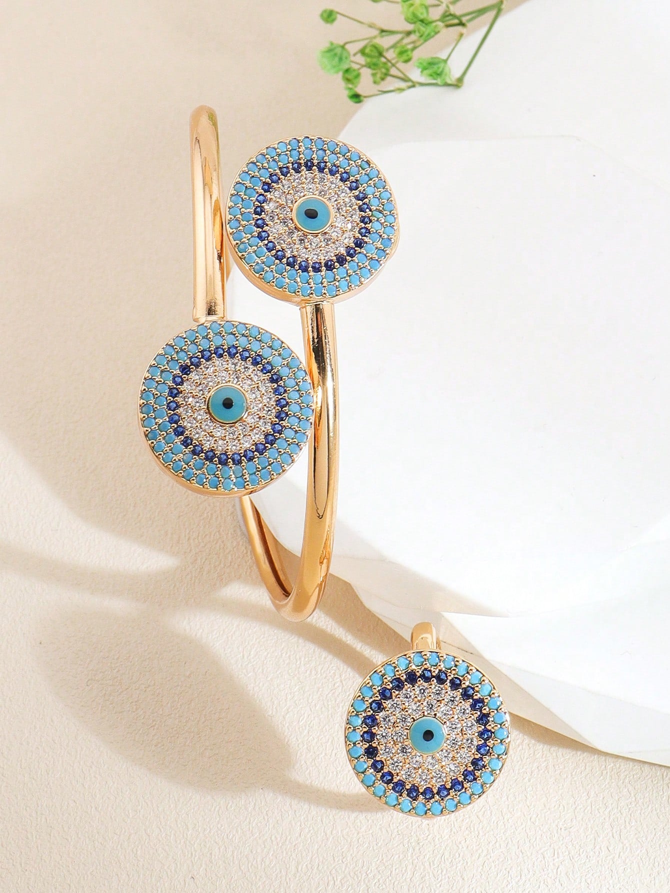 2pc/Set Fashion Blue Evil Eye Bangle Ring Set Cubic Zirconia Decorative Copper Jewelry Suitable For Girls And Women Daily Wear