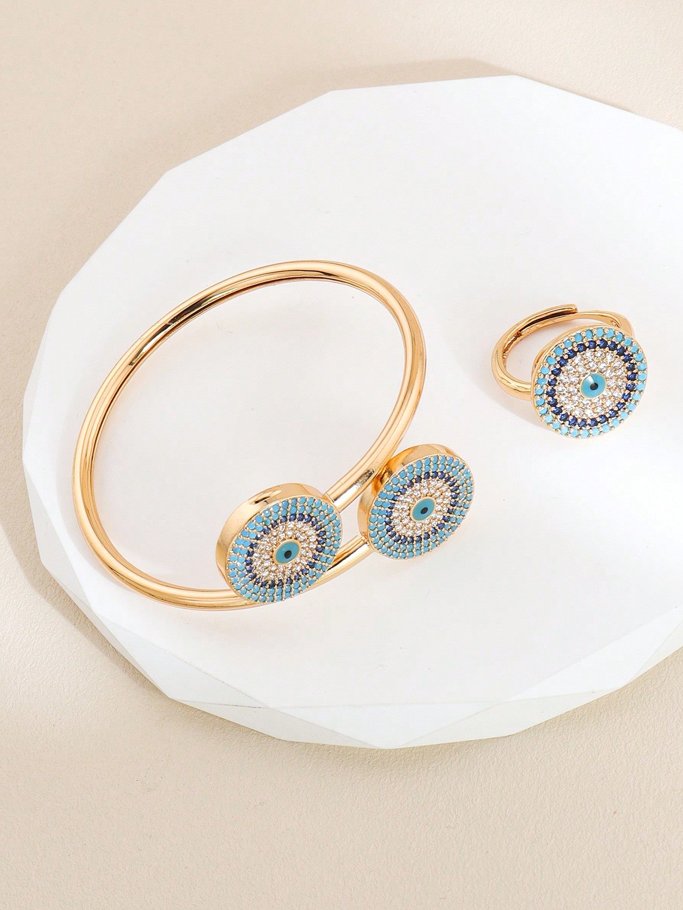 2pc/Set Fashion Blue Evil Eye Bangle Ring Set Cubic Zirconia Decorative Copper Jewelry Suitable For Girls And Women Daily Wear