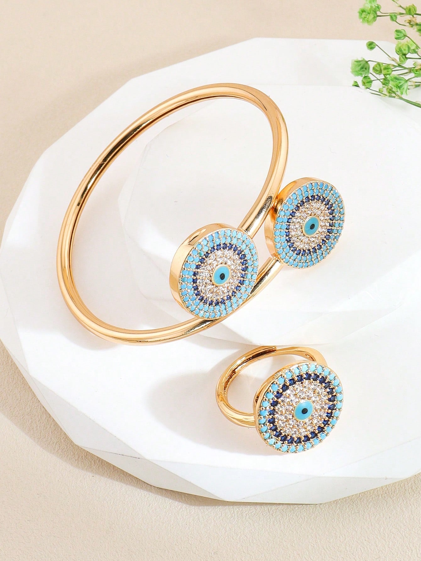 2pc/Set Fashion Blue Evil Eye Bangle Ring Set Cubic Zirconia Decorative Copper Jewelry Suitable For Girls And Women Daily Wear