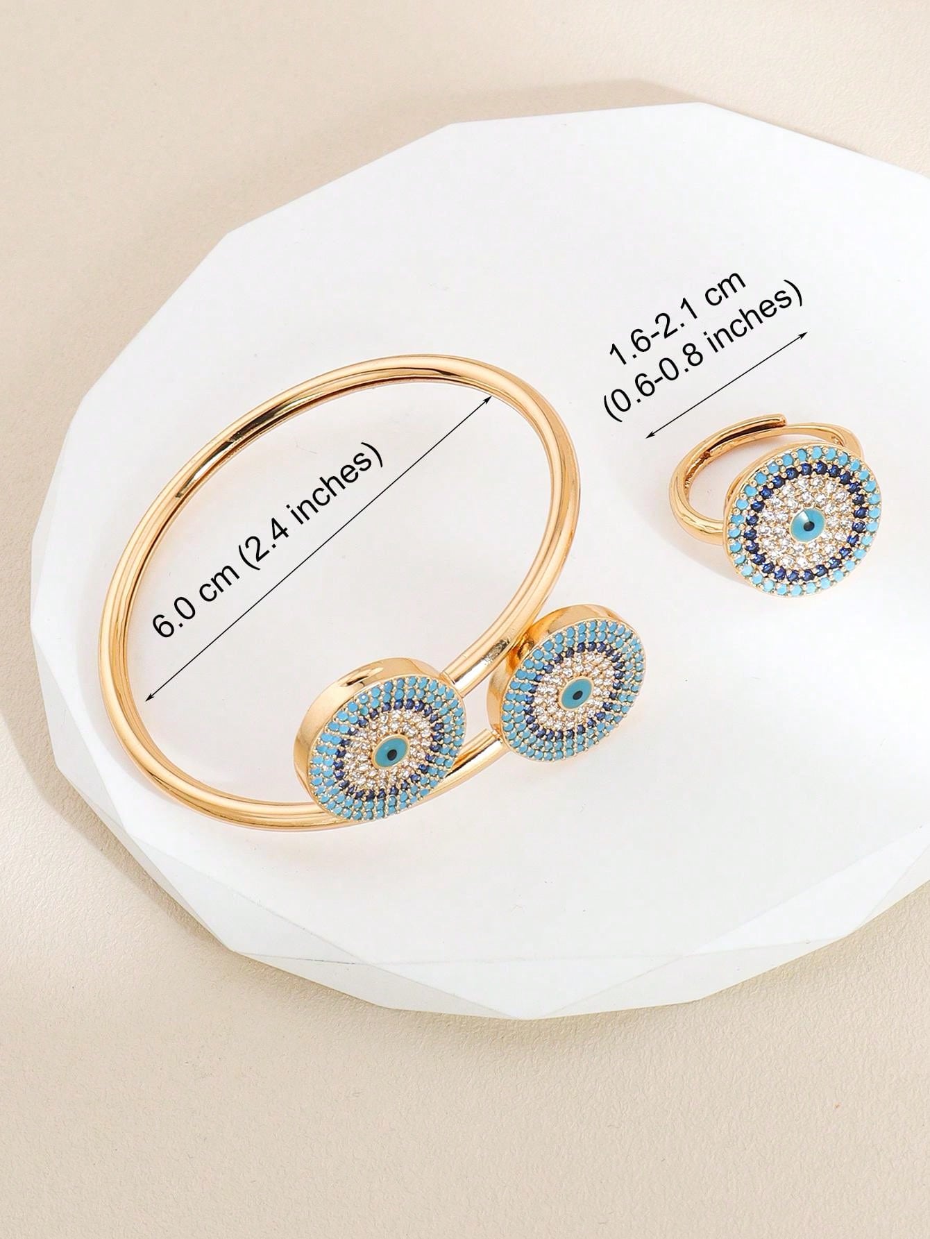 2pc/Set Fashion Blue Evil Eye Bangle Ring Set Cubic Zirconia Decorative Copper Jewelry Suitable For Girls And Women Daily Wear