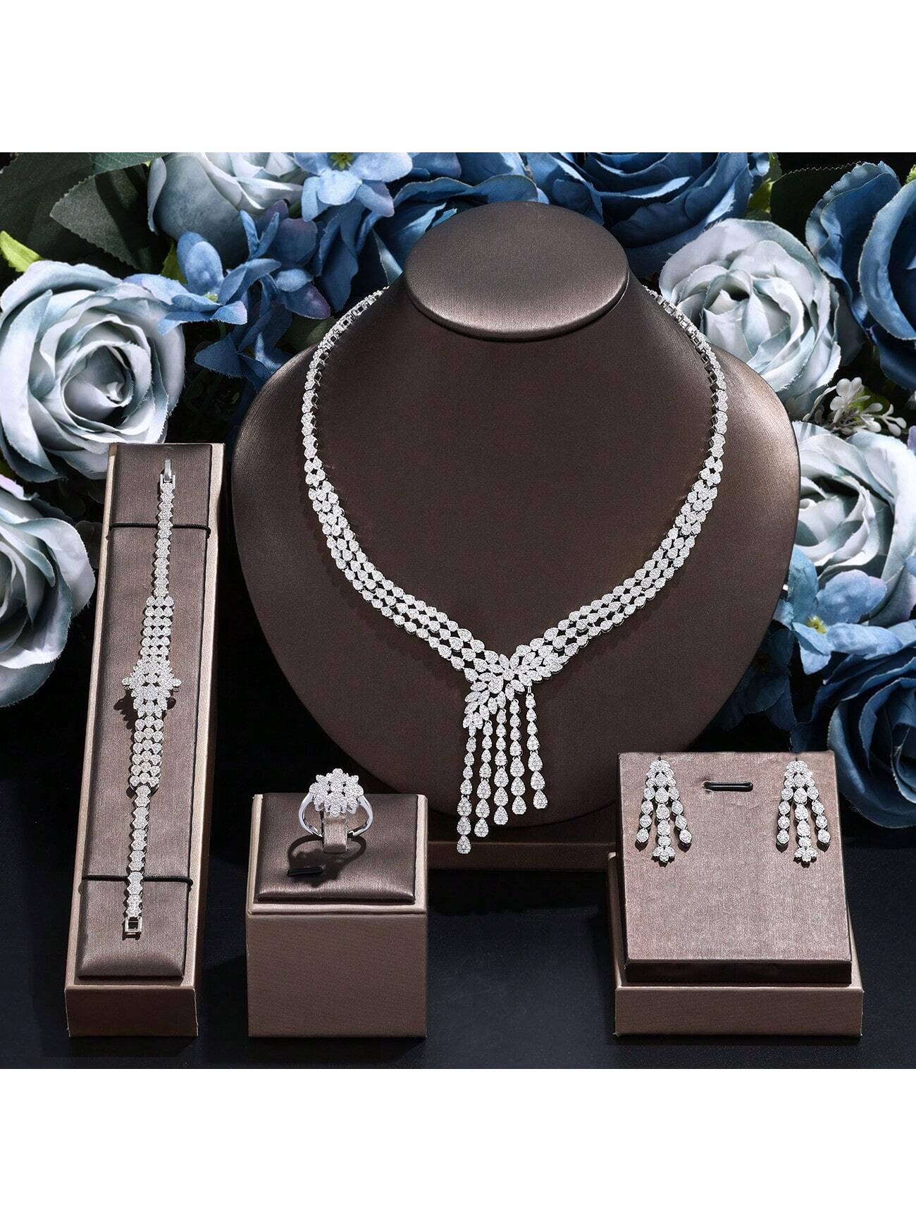 4 Pcs Sets Luxury Rhodium 3A Cubic Zirconia Bridal For Women Party Necklace Bracelet Earring Ring Wedding Bridal Jewelry Set - Seen Mai