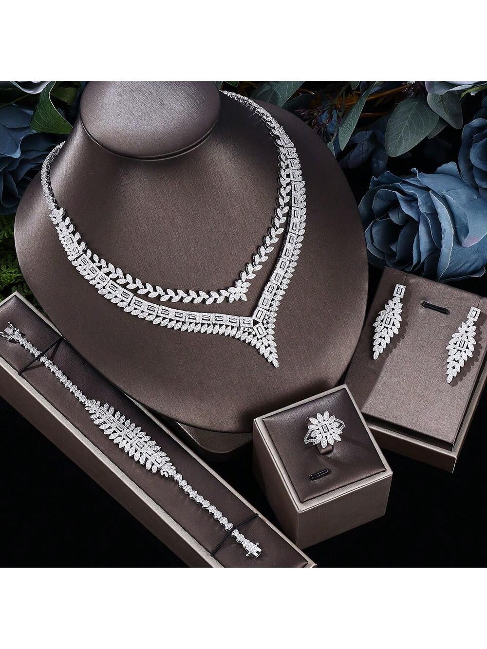 Luxury Dubai Jewelry Sets CZ  4 Pcs Bridal Jewelry Sets Wedding Necklace Set Earrings Bracelet Rings - Seen Mai