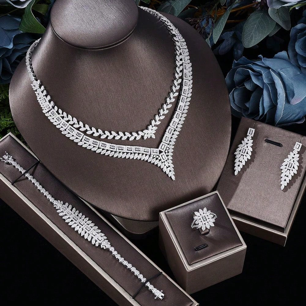 Luxury Dubai Jewelry Sets CZ  4 Pcs Bridal Jewelry Sets Wedding Necklace Set Earrings Bracelet Rings - Seen Mai