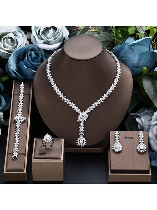 White Cubic  Jewelry Set For Women Sparking Wedding 4pcs Necklace Jewelry Bridal Set Party Accessories - Seen Mai