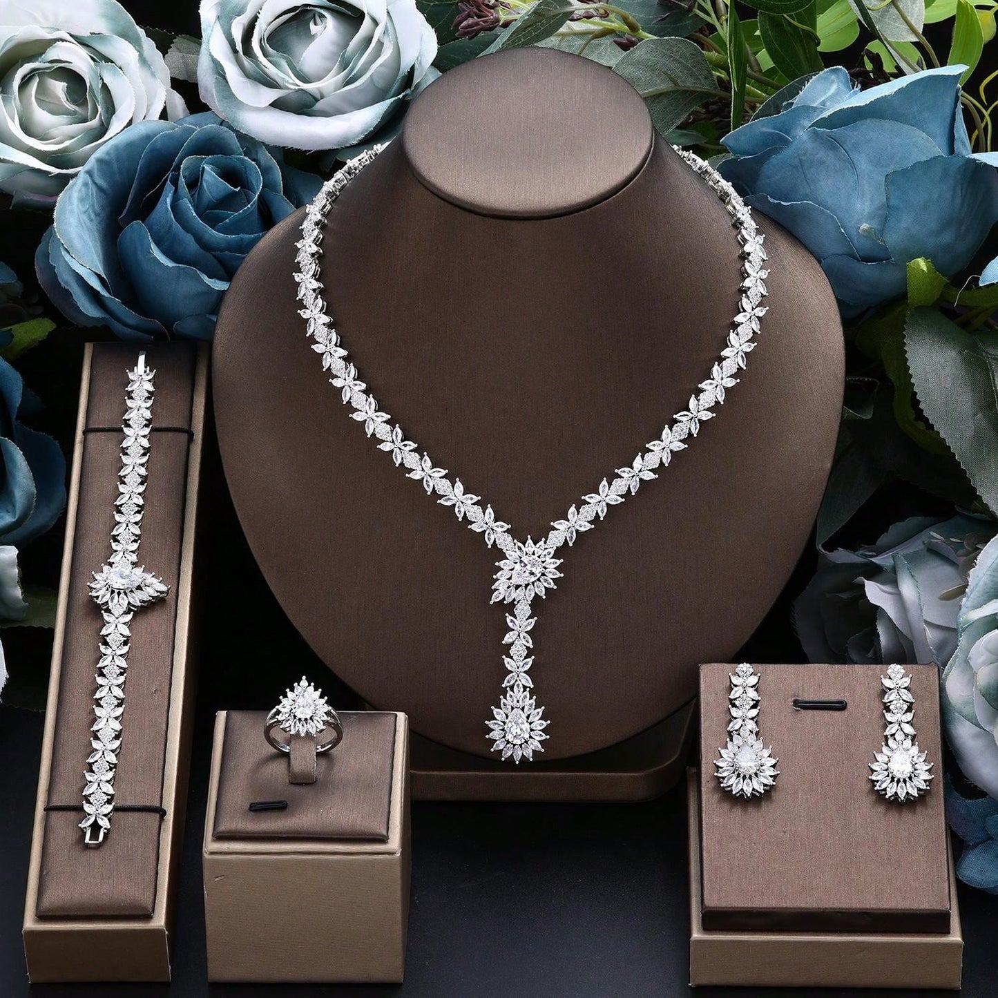 White Cubic  Jewelry Set For Women Sparking Wedding 4pcs Necklace Jewelry Bridal Set Party Accessories - Seen Mai