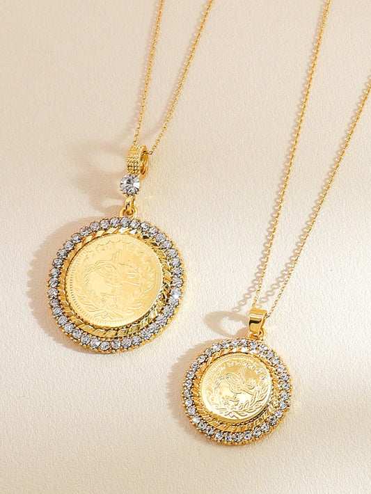 1pc Vintage Gold Coin Pendant Necklace Cubic Zirconia Jewelry Couple Necklace Suitable For Women And Men Everyday Wear - Seen Mai