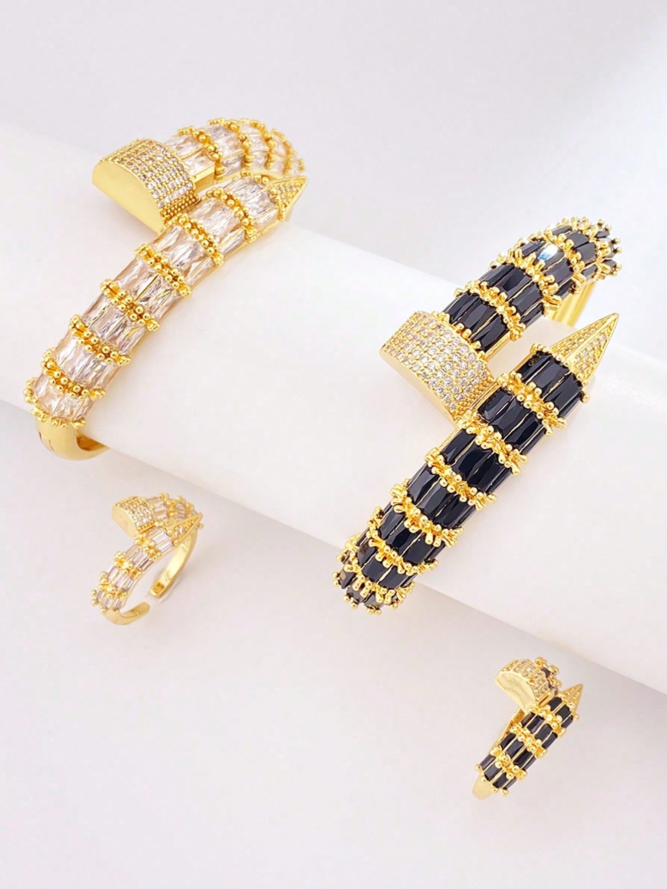 2pcs/Set Fashion Serpentine Design Jewelry Set Brass Bracelet And Ring Set Cubic Zirconia Decoration Can Be Opened Suitable For Women To Wear Everyday Holiday Gifts - Seen Mai