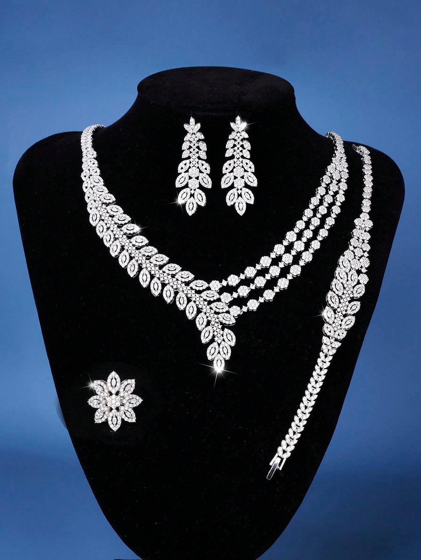 seen JEWELRY 5pcs Artificial Zirconia White Gold Plated Luxury Jewelry Set Including Necklace - Seen Mai