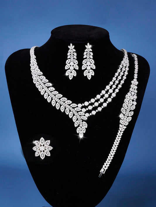 seen JEWELRY 5pcs Artificial Zirconia White Gold Plated Luxury Jewelry Set Including Necklace - Seen Mai