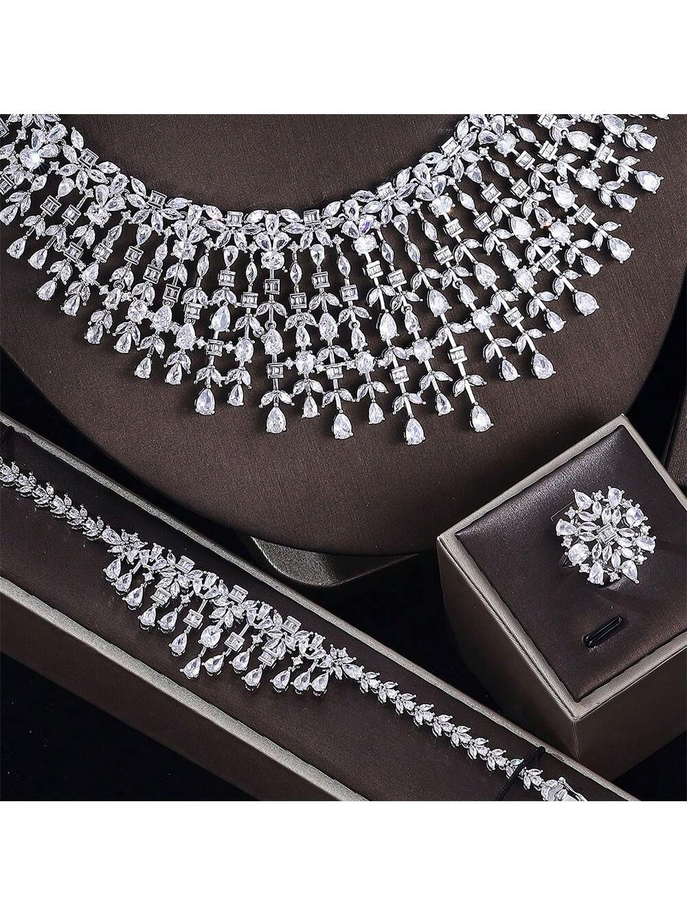 Dubai AAA Cubic Zirconia Jewelry Set 4 Pieces Bridal Wedding Jewelry Set Luxury Crystal Jewelry Accessories - Seen Mai