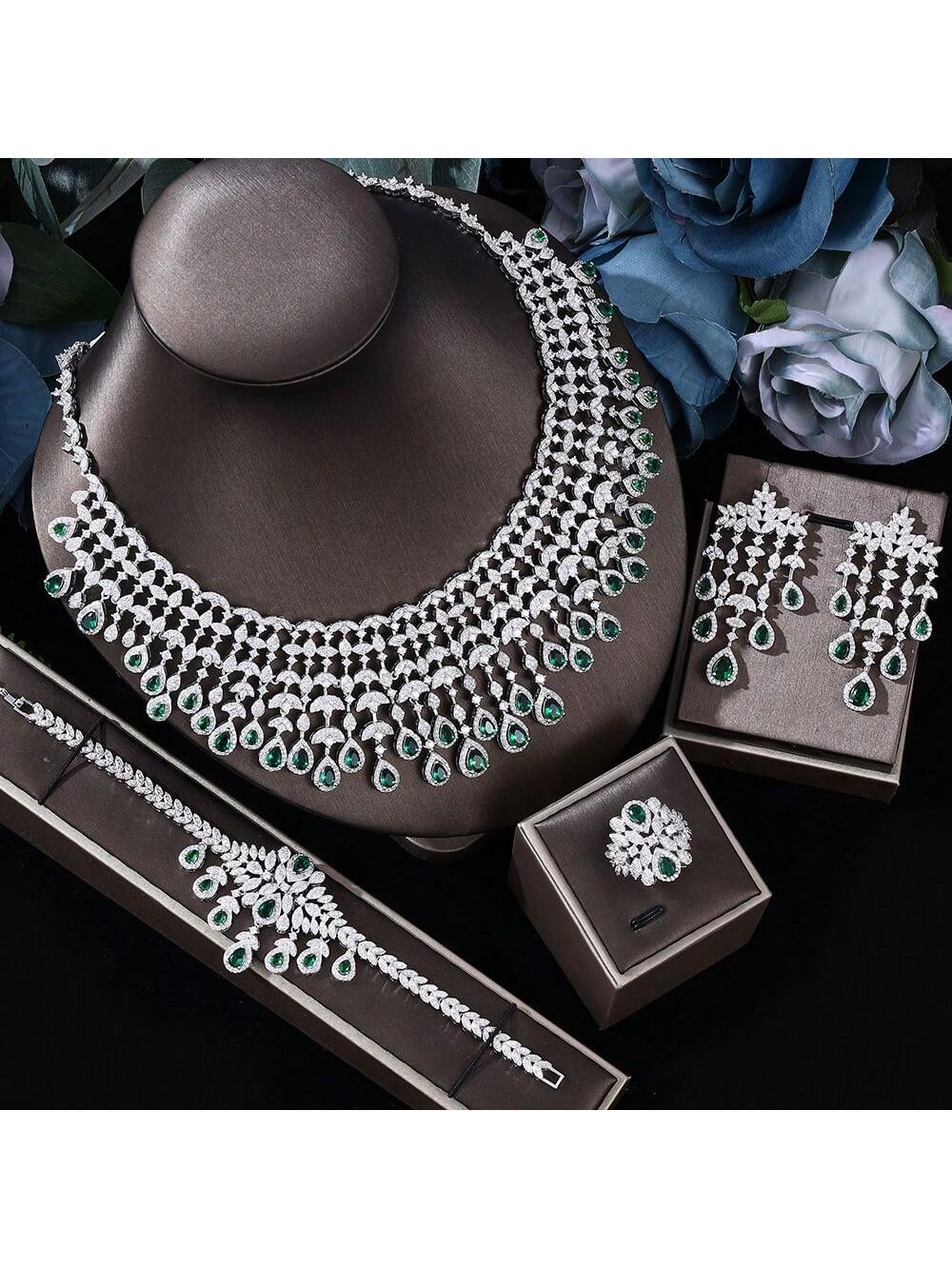 UAE Luxury Cubic Zirconia Necklace Bracelet Earrings And Ring 4pcs Dubai Full Jewelry Set For Women - Seen Mai