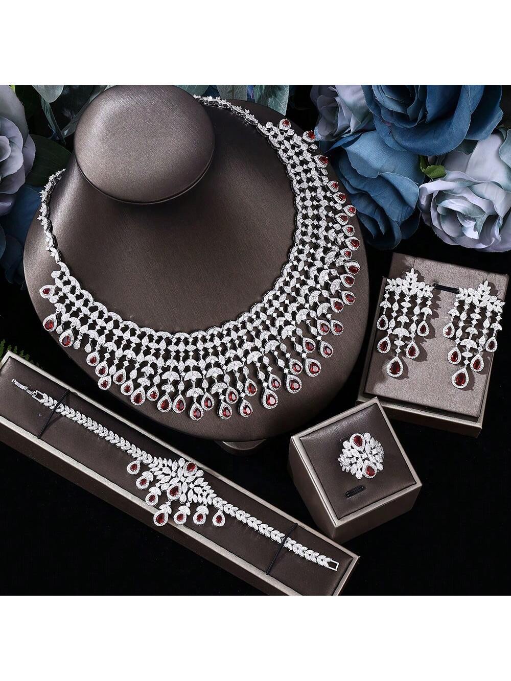 UAE Luxury Cubic Zirconia Necklace Bracelet Earrings And Ring 4pcs Dubai Full Jewelry Set For Women - Seen Mai