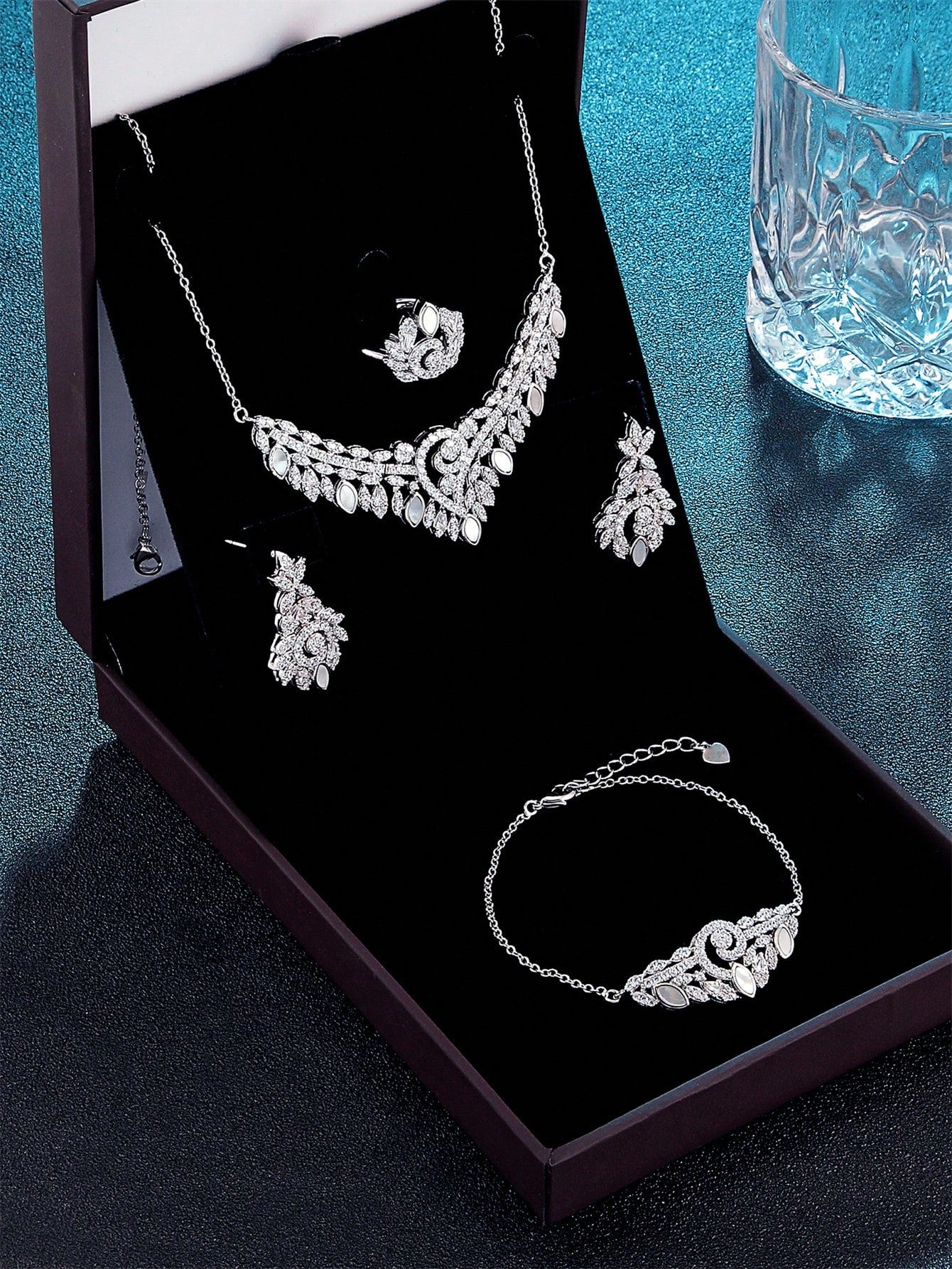 seen JEWELRY 5pcs/Set Artificial Zirconia White Gold Plated Luxury Necklace Bracelet Earrings Open Ring Jewelry Set For Women - Seen Mai