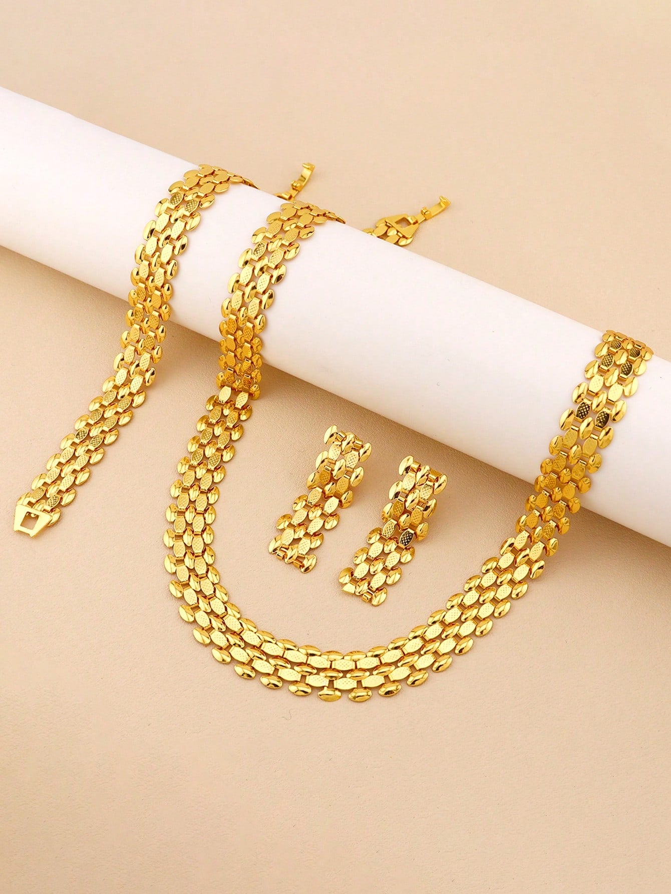 4pcs Gold Jewelry Men's And Women's Sets Metal Chain Design Earrings Necklace Hip Hop Punk Style Suitable For Women Daily Party Wear - Seen Mai