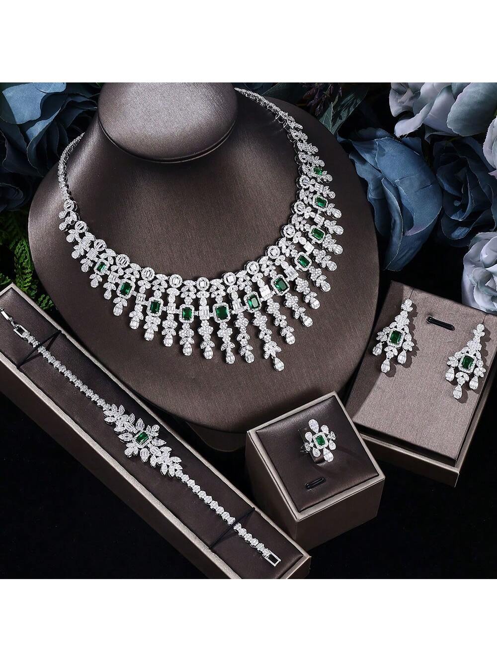 Dubai AAA Cubic Zirconia Jewelry Set 4 Pieces Bridal Wedding Jewelry Set Luxury Crystal Jewelry Accessories - Seen Mai