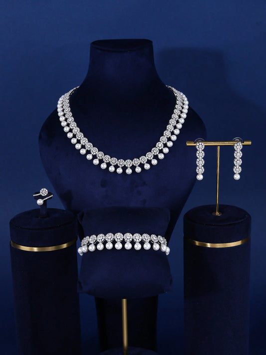 Glass Pearl & Cubic Zirconia 4pcs Jewelry Set