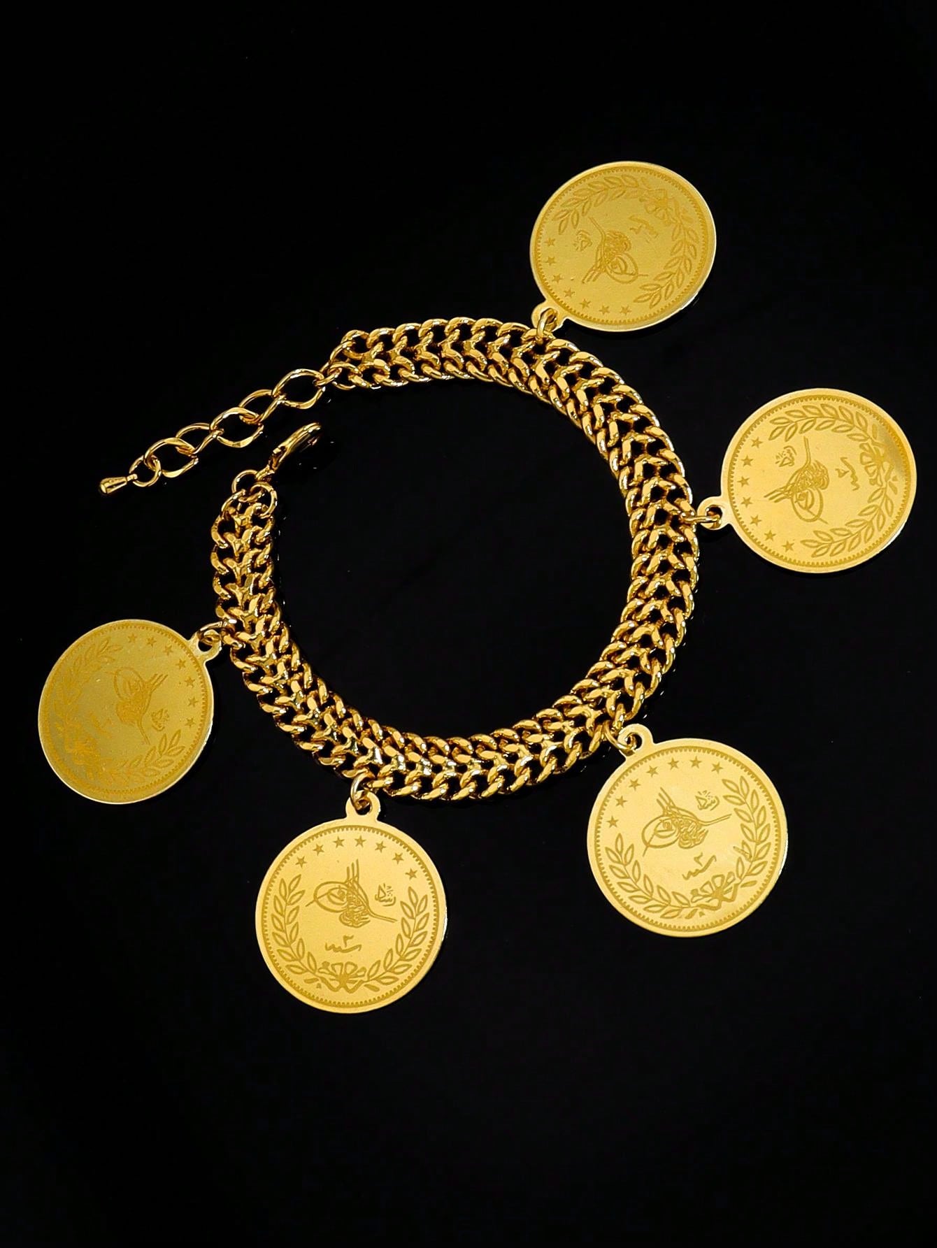 1pc Gold Coin Bracelet Double Chain Bracelet Suitable For Men And Women Daily Festival Wear - Seen Mai