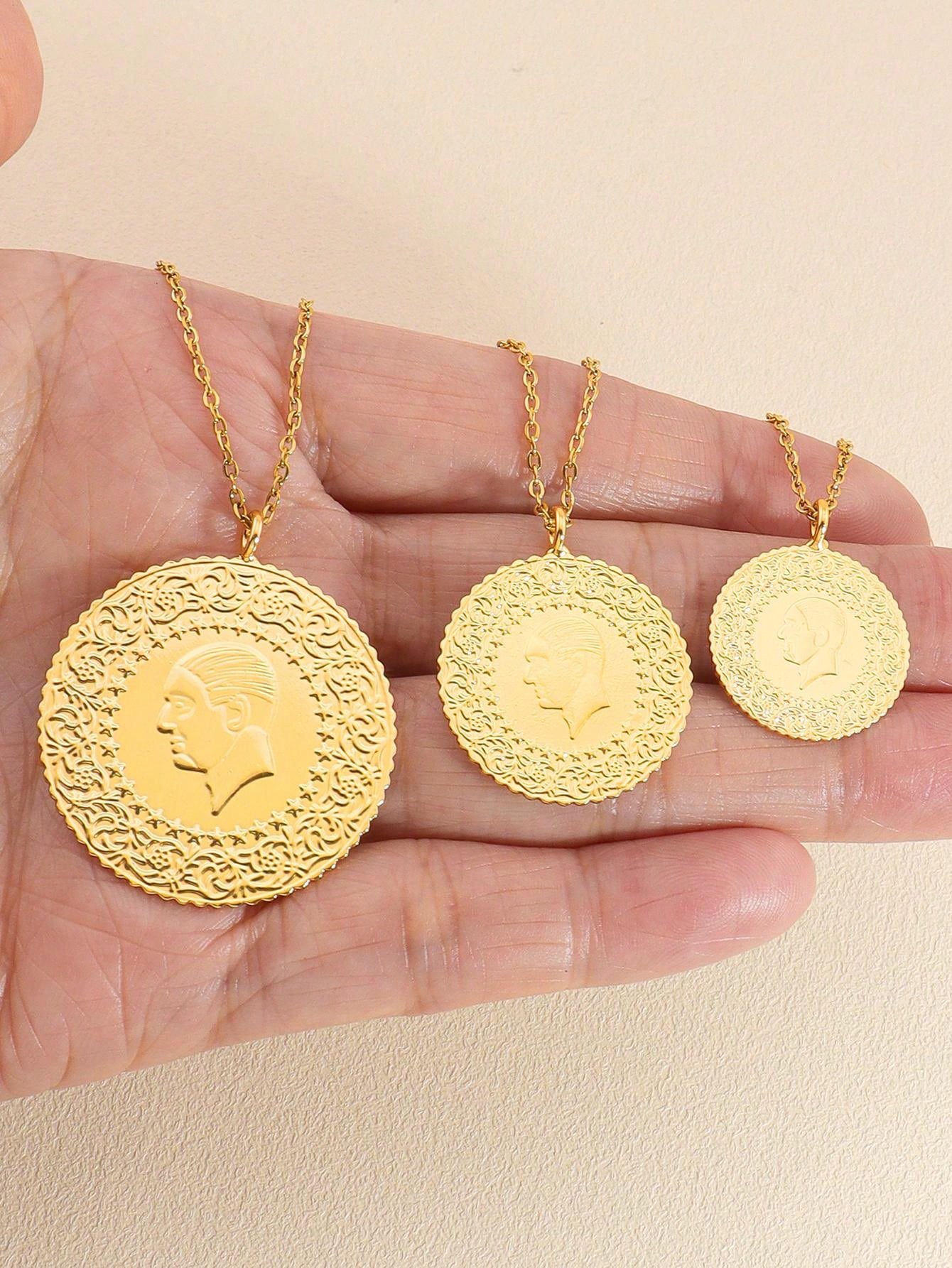 1pc Vintage Gold Coin Pendant Necklace Arab Turkish Totem Head Necklace Copper Jewelry Suitable For Women And Men - Seen Mai