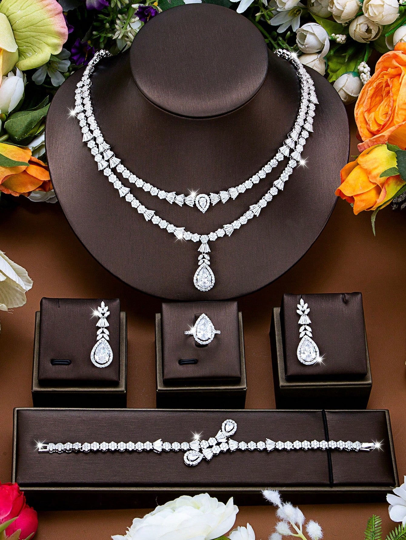 seen JEWELRY 5pcs Mother's Day Artificial Zirconia Inlaid White Gold Plated Luxury Jewelry Set - Seen Mai