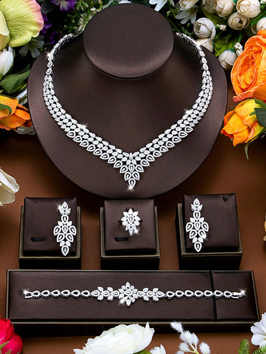 seen JEWELRY 5pcs Artificial Cubic Zirconia Inlaid White Gold Plated Necklace Bracelet Earrings Open Ring Jewelry Set - Seen Mai