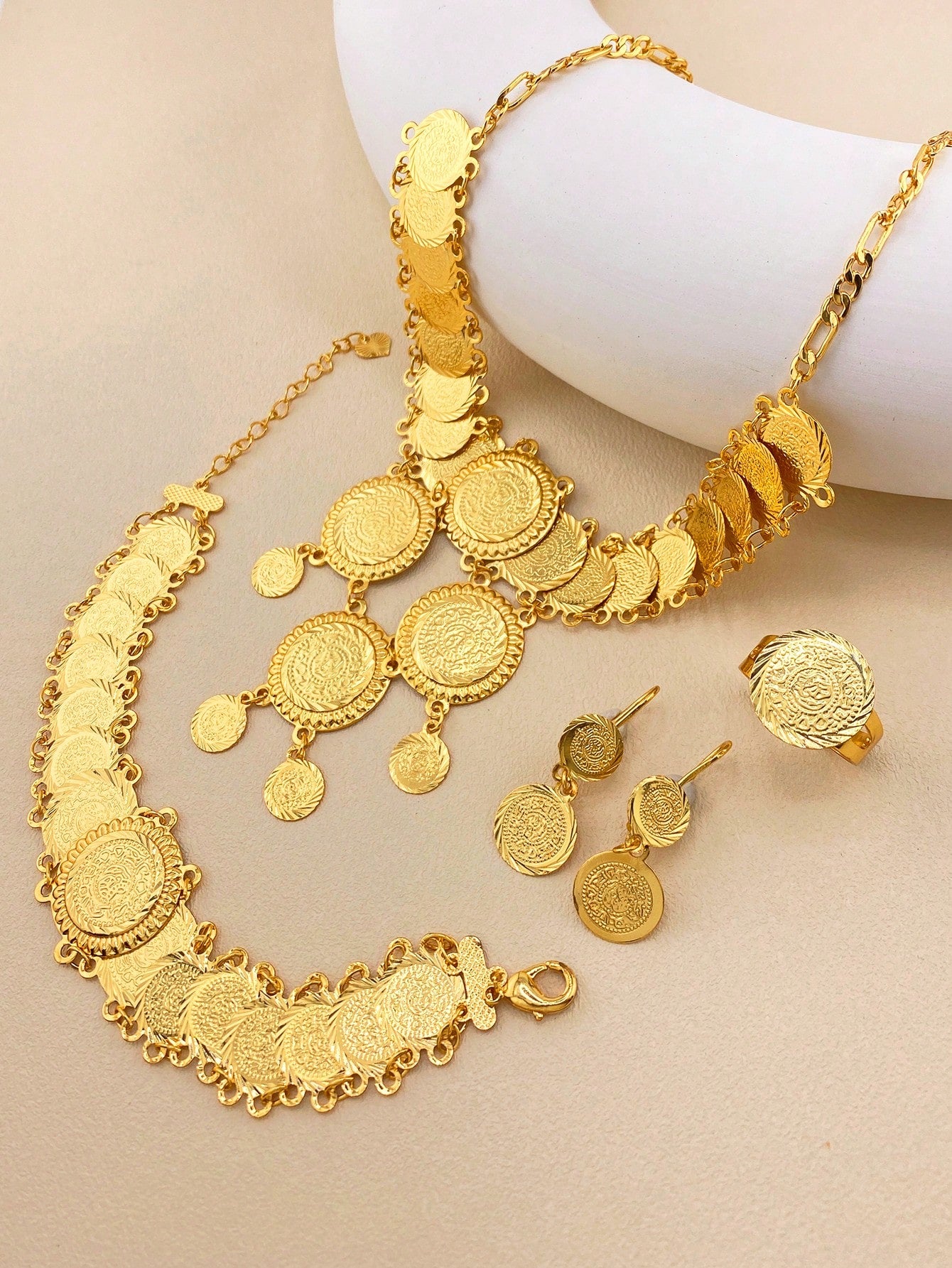 5pc/Set Vintage Textured Gold Coin Jewelry Set Copper Jewelry Set Suitable For Girl Women Holiday Gift Partiesomen Holiday Gift Parties - Seen Mai