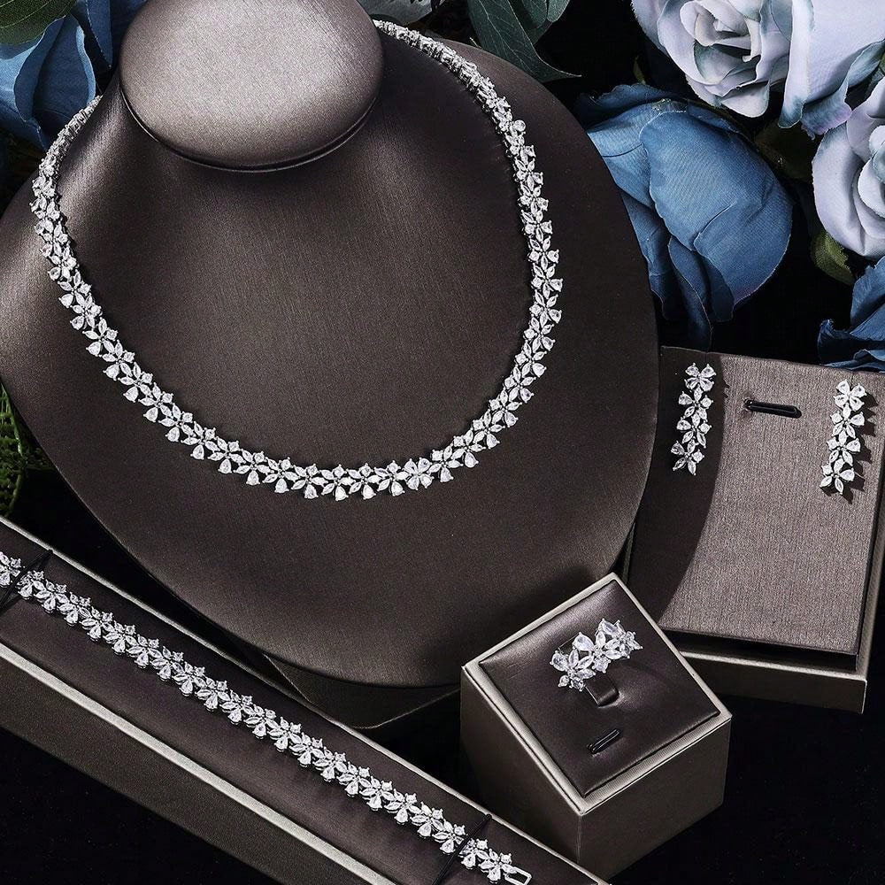 2024 New Product Exquisite Wedding Party Jewelry Cubic  Necklace Earrings Bracelets And Rings Bridal Jewelry Set - Seen Mai