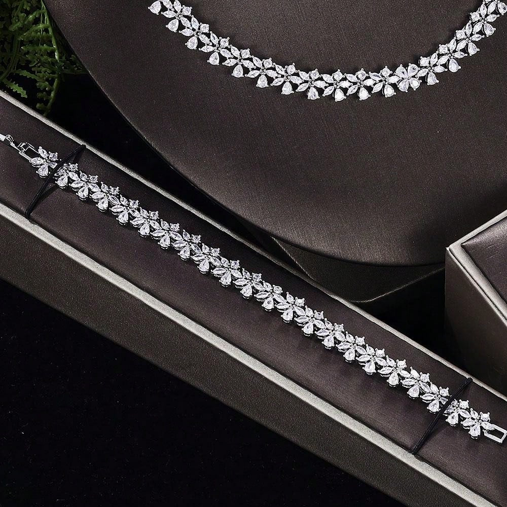 2024 New Product Exquisite Wedding Party Jewelry Cubic  Necklace Earrings Bracelets And Rings Bridal Jewelry Set - Seen Mai