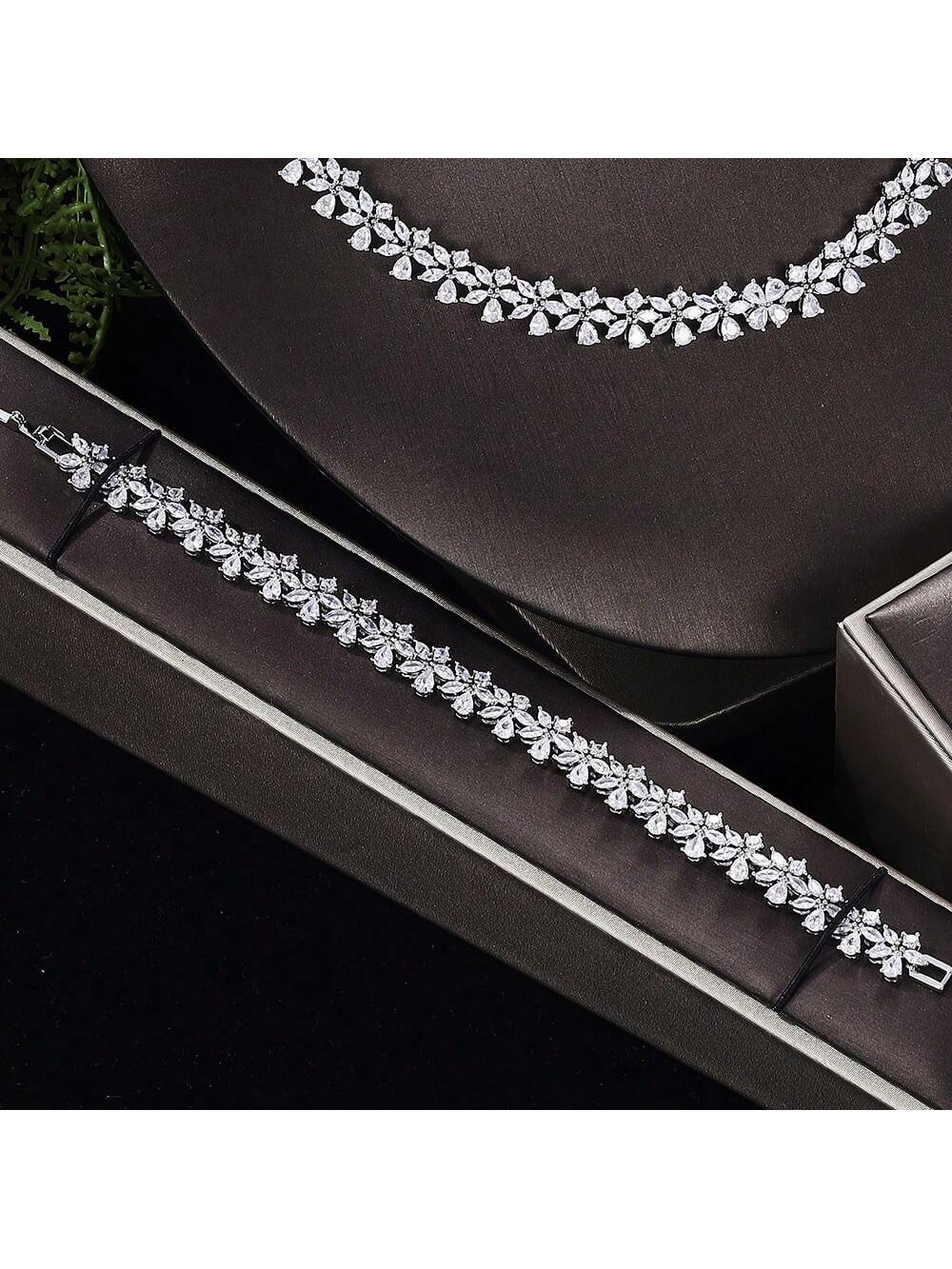 2024 New Product Exquisite Wedding Party Jewelry Cubic  Necklace Earrings Bracelets And Rings Bridal Jewelry Set - Seen Mai