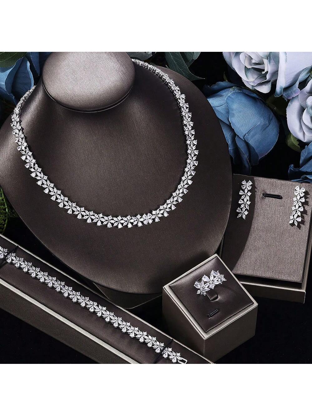 2024 New Product Exquisite Wedding Party Jewelry Cubic  Necklace Earrings Bracelets And Rings Bridal Jewelry Set - Seen Mai