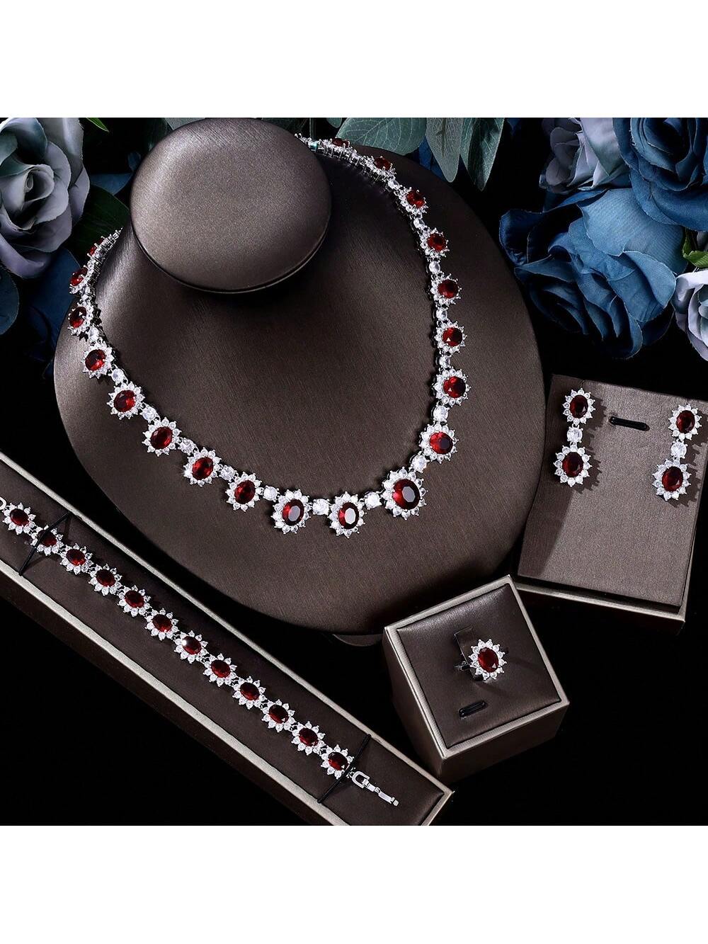 2024 New 4-Piece Bride Zirconia Full Set Women's Party Jewelry Set Dubai Nigeria Crystal Wedding Jewelry Set - Seen Mai