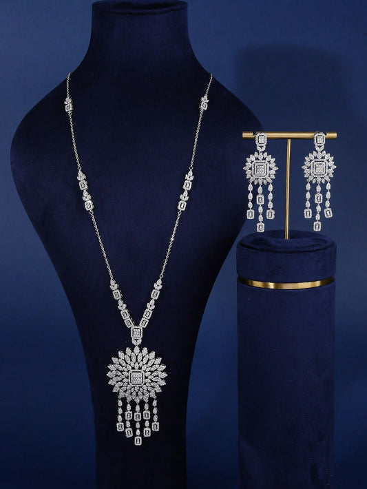 Luxury Cubic Zirconia Embellished Long Necklace And Earrings Set